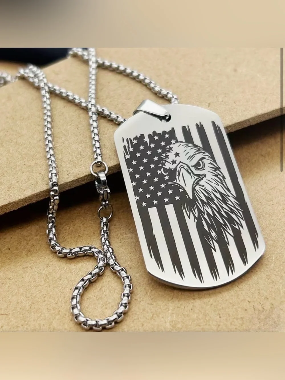 Stainless Steel Eagle & American Flag Dog Tag Necklace - Silver